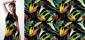 09038 Materiał ze wzorem malowane duże tropikalne kwiaty (strelicja,cantedeskia) i egzotyczne liście